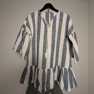 Women's Striped Gray and Cream Cotton Linen Tunic Top Size XS